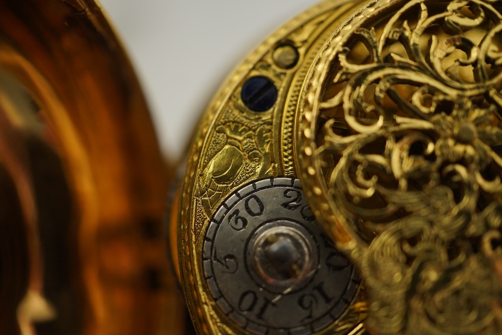 An 18th century gilt metal and leather pair cased key wind verge pocket watch by Samuel Adams, Bromley, Kent, circa 1770